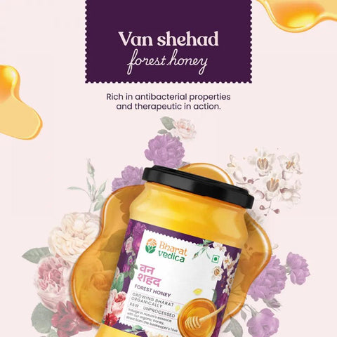 Rustic jar of forest honey with a robust flavor. Bharat Vedica Forest Honey.