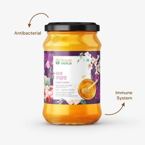 Bharat Vedica Forest Honey in a jar. White background