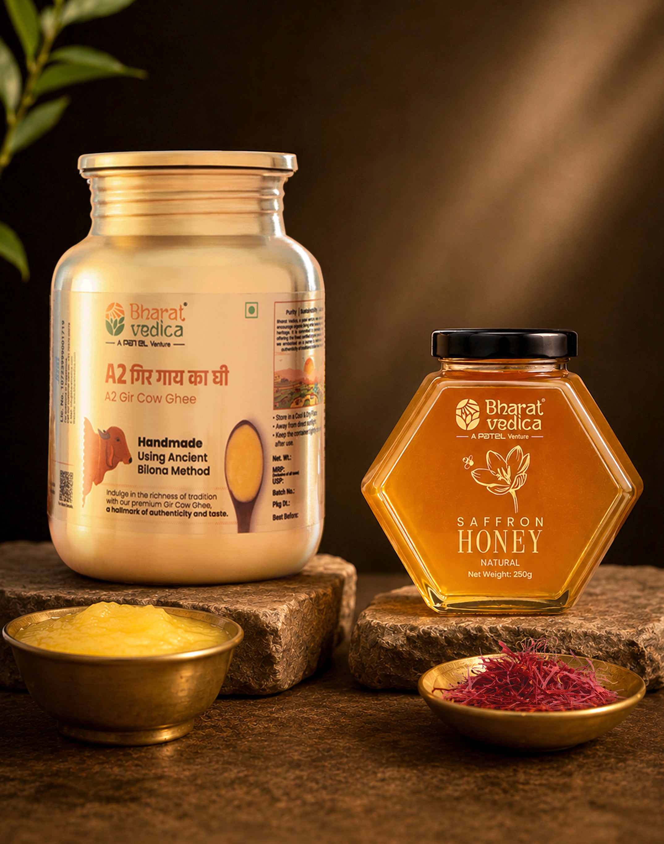 Golden Satvik Duo (250 ml A2 Gir Cow Ghee + 250 ml Saffron Honey)
