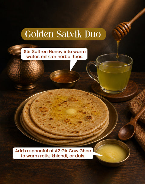 Golden Satvik Duo ( A2 Gir Cow Ghee – 250 ml + Saffron Honey – 250 ml )