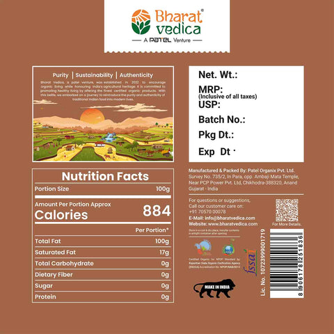 Packaging Details of Bottle of Organic Wood Pressed Groundnut Oil by Bharat Vedica