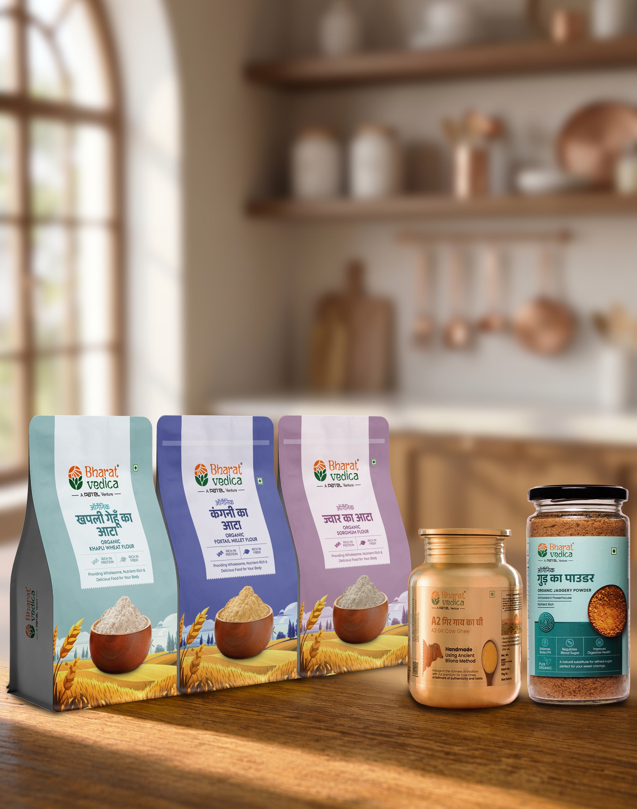 Ghee Cake Combo (250 ml A2 Gir Cow Ghee + 300 gm Organic Jaggery Powder + 1 kg Organic Khapli Wheat Atta + 500 gm Organic Jowar Atta + 500 gm Organic Kangani Atta)