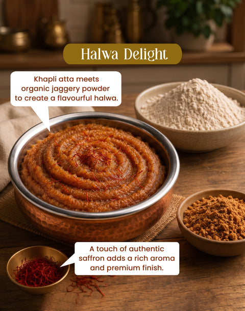Halwa Delight Combo (1 kg Khapli Wheat Atta + Jaggery Powder + 2 g Kashmir Saffron)