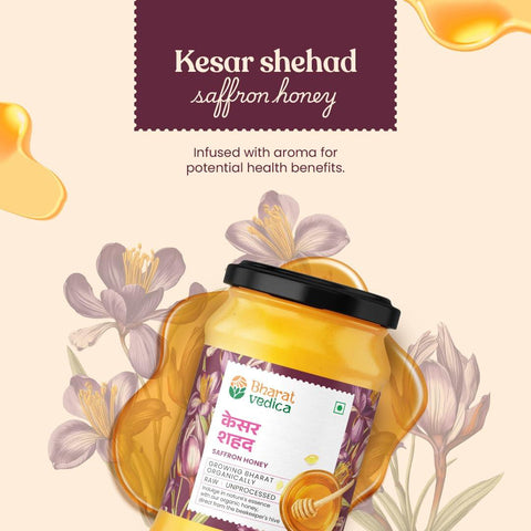 Kesar Shehad by Bharat Vedica. remium saffron honey in an elegant glass jar with pink background