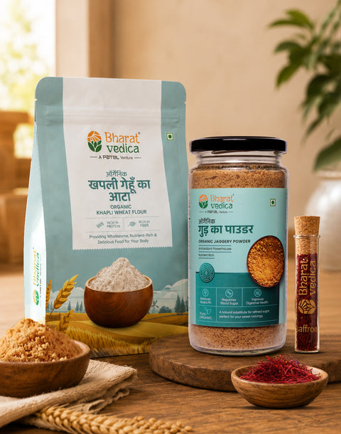 Halwa Delight Combo (1 kg Khapli Wheat Atta + Jaggery Powder + 2 g Kashmir Saffron)