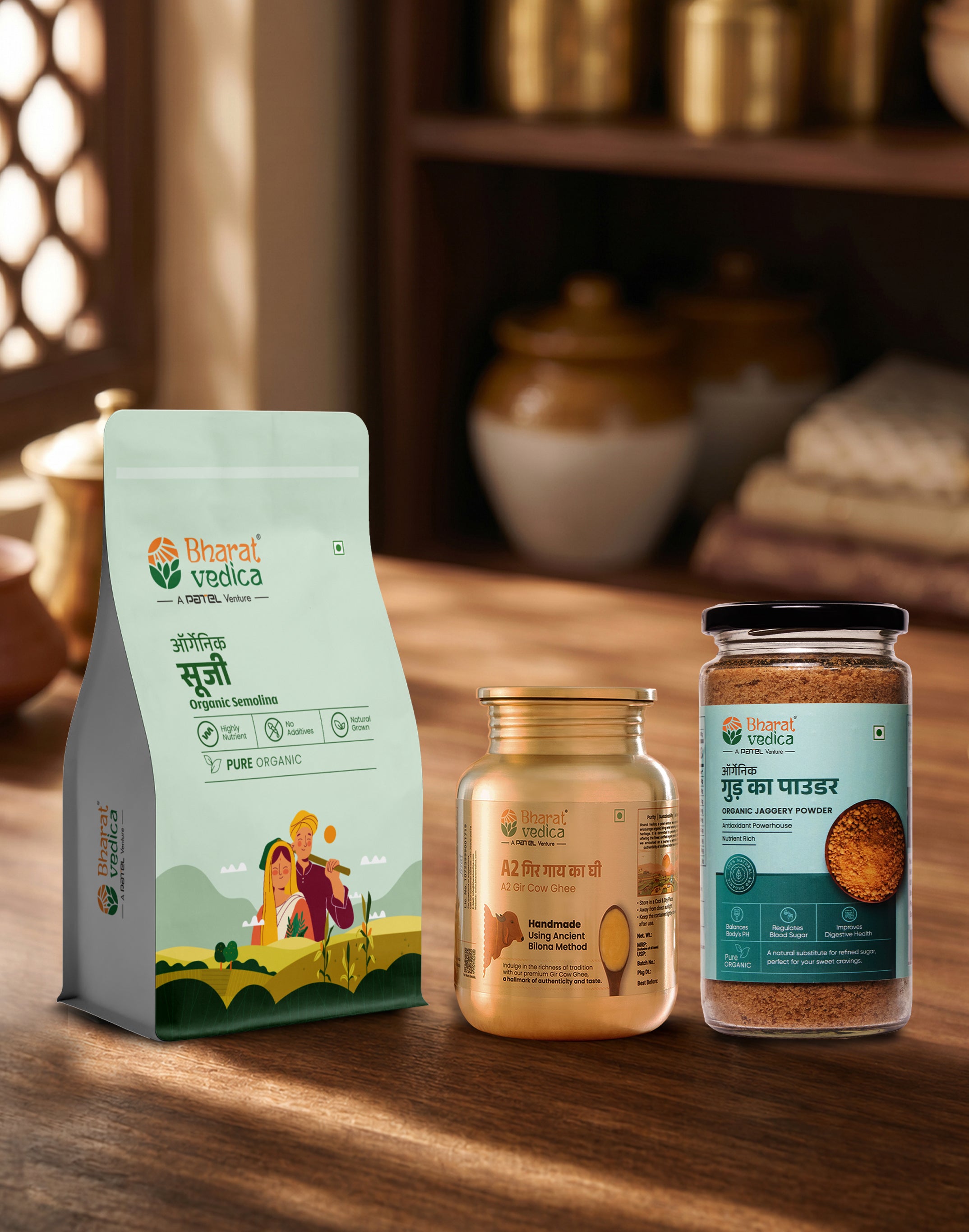 Panjiri Combo (250 ml A2 Gir Cow Ghee + 300 gm Organic Jaggery Powder + 500 gm Organic Suji)
