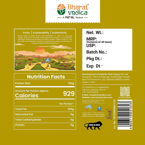 Packaging Details of Bottle of Organic Wood Pressed Sunflower Oil by Bharat Vedica