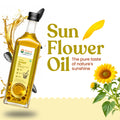 Bottle of Bharat Vedica Organic Wood Pressed Sunflower Oil on a white and yellow background and product details.