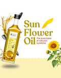 Bottle of Bharat Vedica Organic Wood Pressed Sunflower Oil on a white and yellow background and product details.