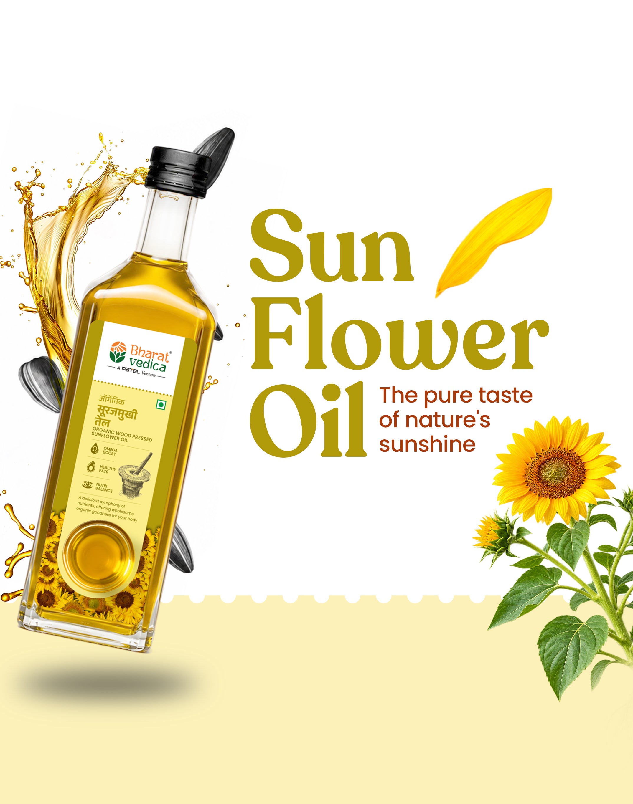 Bottle of Bharat Vedica Organic Wood Pressed Sunflower Oil on a white and yellow background and product details.