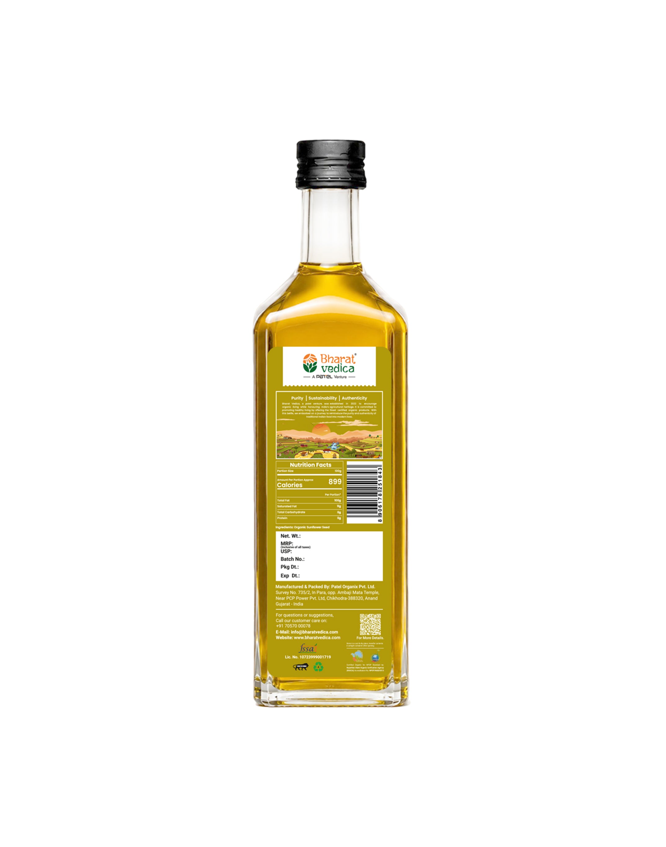 Bottle of Bharat Vedica Organic Wood Pressed Sunflower Oil with packaging label on a white background