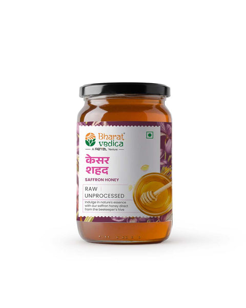 Bottle of Saffron Honey by Bharat Vedica on a white background