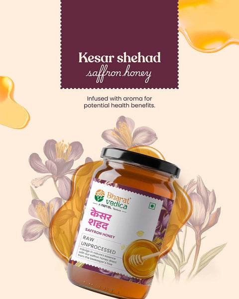 Bottle of Saffron Honey by Bharat Vedica in a creative design
