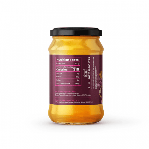 Saffron Honey Best - Bharat Vedica’s Saffron Honey in an elegant glass jar back view