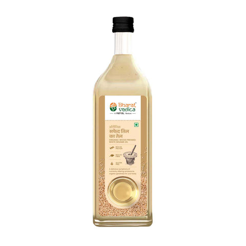Bottle of Organic Wood Pressed White Sesame Oil by Bharat Vedica