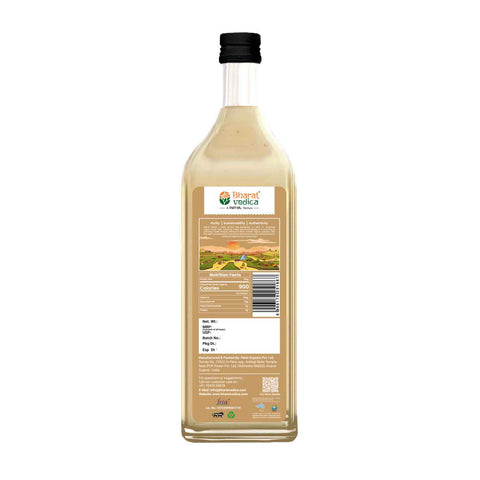 Backside of Bottle of Organic Wood Pressed White Sesame Oil by Bharat Vedica