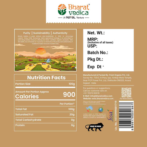 Packaging details of Bottle of Organic Wood Pressed White Sesame Oil by Bharat Vedica