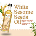 Bottle of Bharat Vedica Organic Wood Pressed White Sesame Oil with text on a white background.