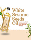 Bottle of Bharat Vedica Organic Wood Pressed White Sesame Oil with text on a white background.