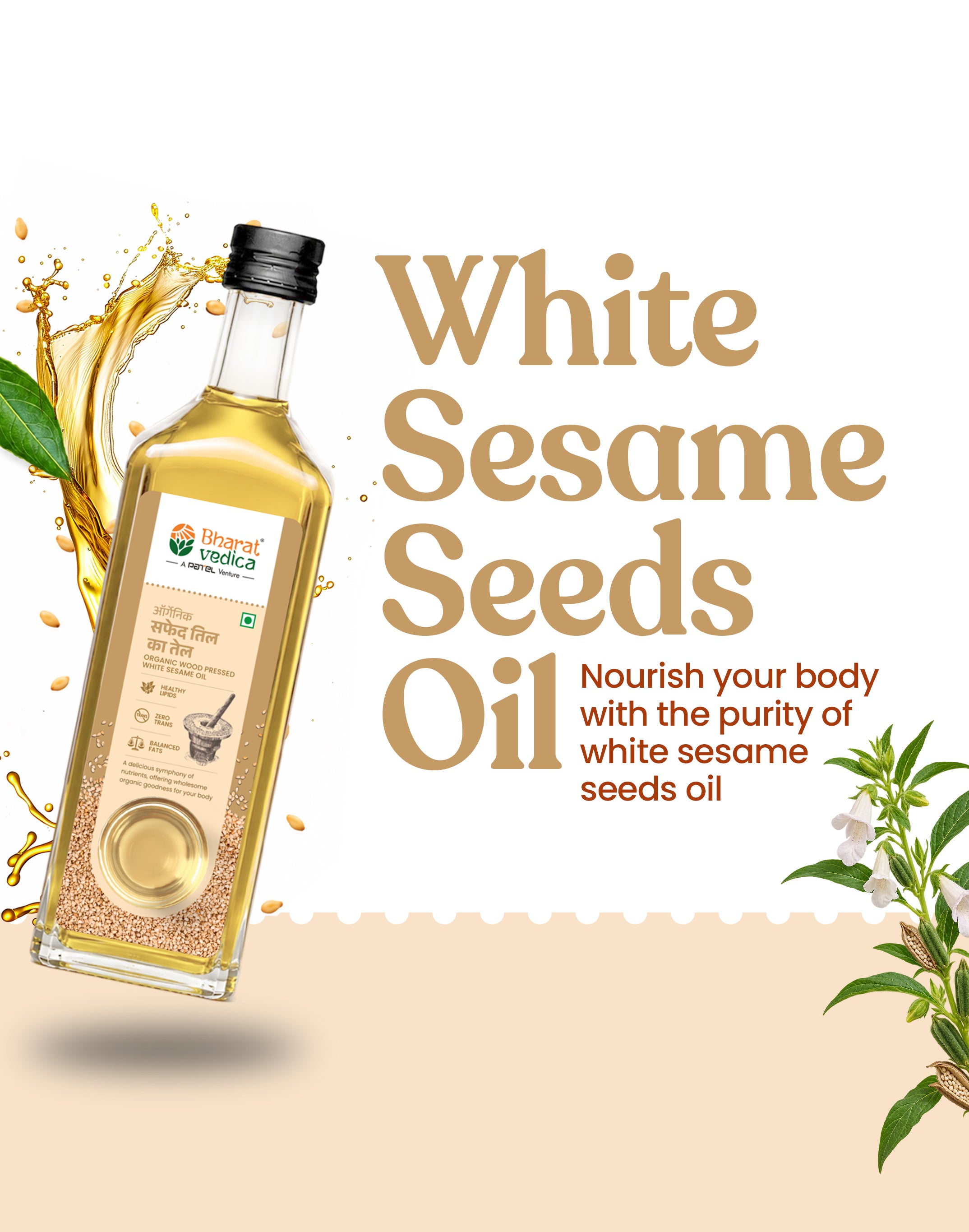 Bottle of Bharat Vedica Organic Wood Pressed White Sesame Oil with text on a white background.