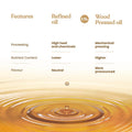 Comparison chart between refined oil and Bharat Vedica Organic Wood Pressed White Sesame Oil with a visual of oil droplets.