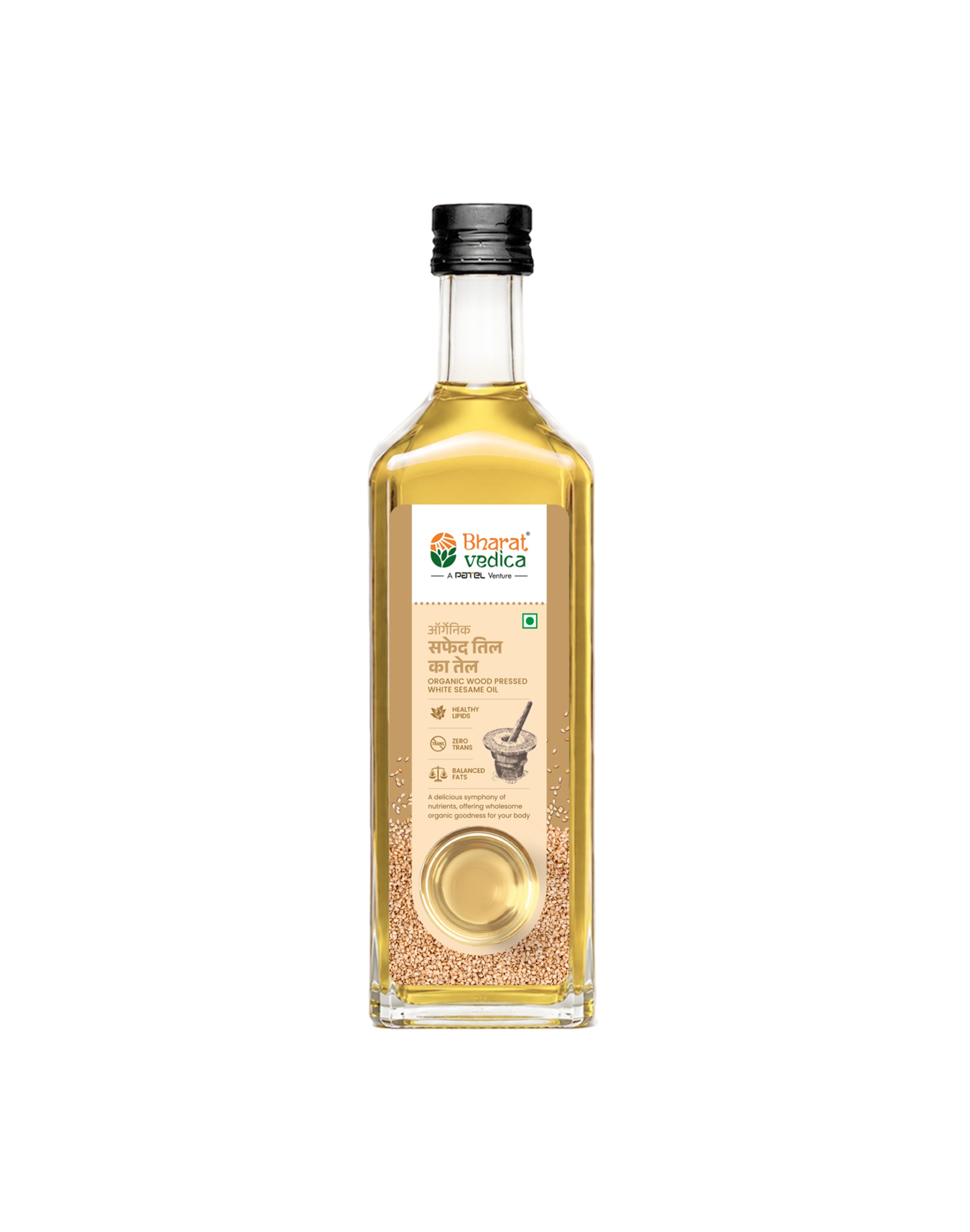 Bottle of Bharat Vedica Organic Wood Pressed White Sesame Oil on a white background.