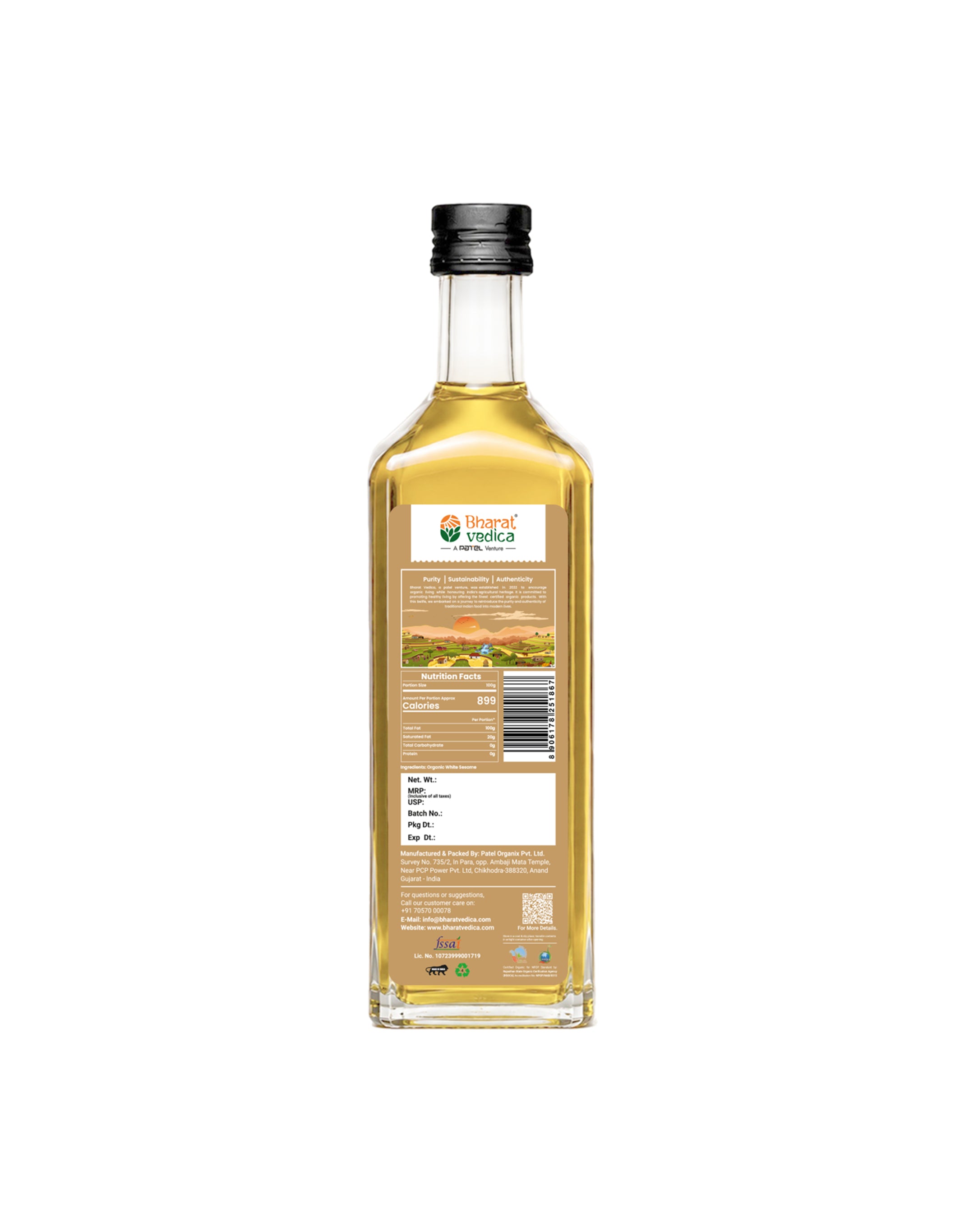 Bottle of Bharat Vedica Organic Wood Pressed White Sesame Oil with packaging label on a white background