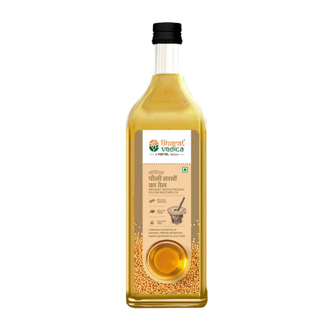 Bottle of Organic Wood Pressed Yellow Mustard Oil by Bharat Vedica