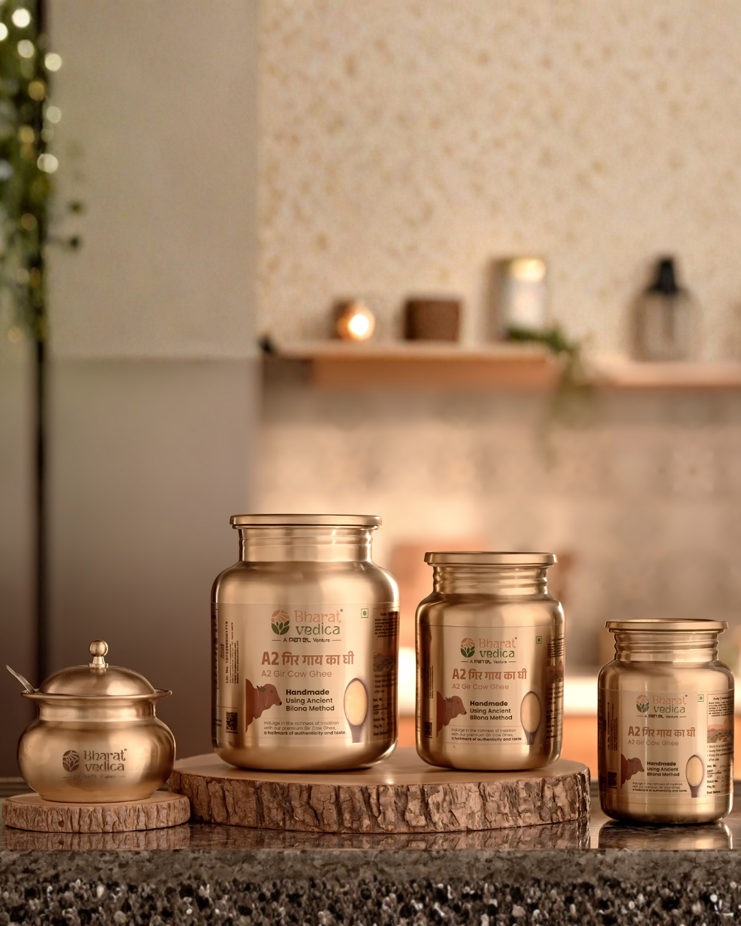 Set of Bharat Vedica A2 Gir Cow Ghee in Stainless Steel Jar with a ghee pot.